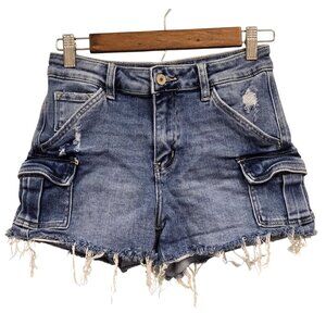 Vervet Women's S Denim‎ Distressed High-Waisted Frayed Hem Cargo Pocket Shorts